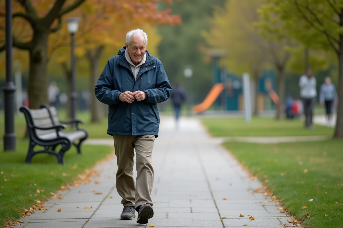 Homme âgé marchant dans un parc avec smartwatch