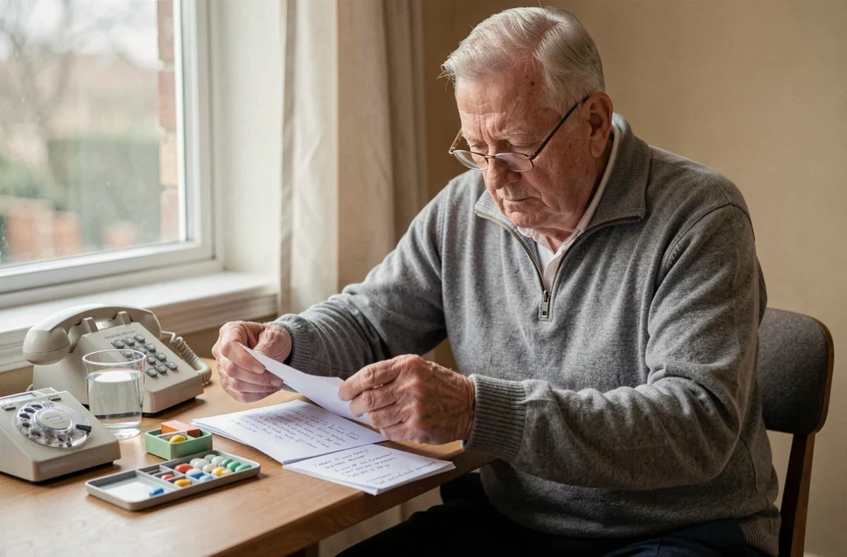 Homme âgé gérant seul son courrier et ses médicaments à domicile, démontrant son niveau d'autonomie évalué par le score IADL