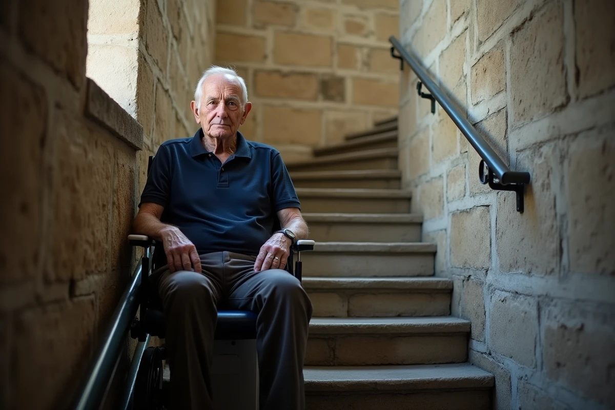 Homme âgé assis sur un monte-escalier nomade dans un immeuble ancien en pierre