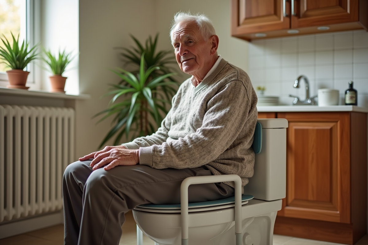 Homme agee assis sur toilette surélevée dans salle de bain chaleureuse