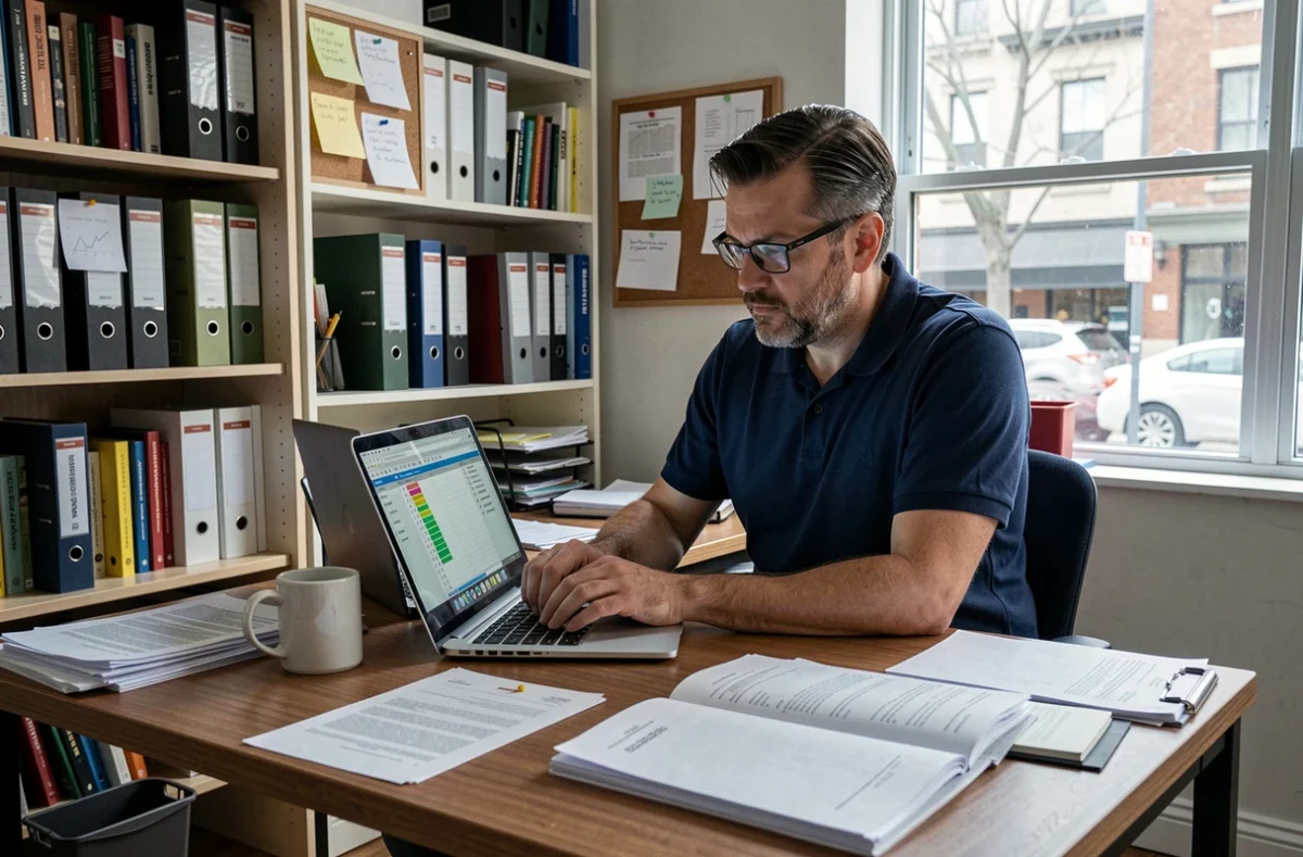Homme travaillant sur un ordinateur portable dans un bureau à domicile, calculant ses revenus en lien avec le plafond de l'allocation adulte handicapé