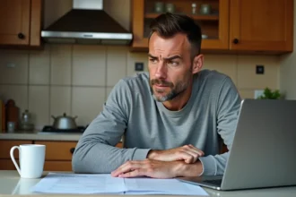 Homme de 45 ans inquiet consulte ses documents de retraite complémentaire Agirc-Arrco à son domicile pendant une période de chômage