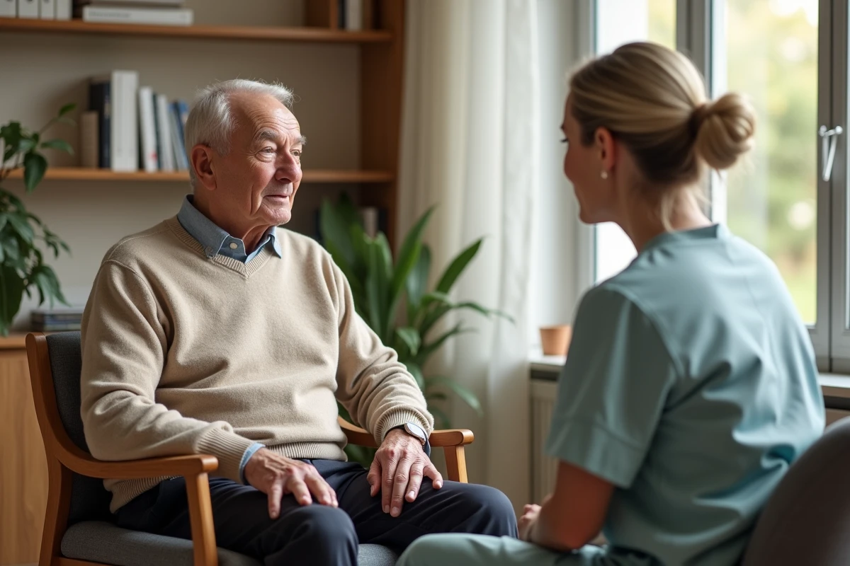 Homme âgé discutant avec un professionnel dans un espace de soin