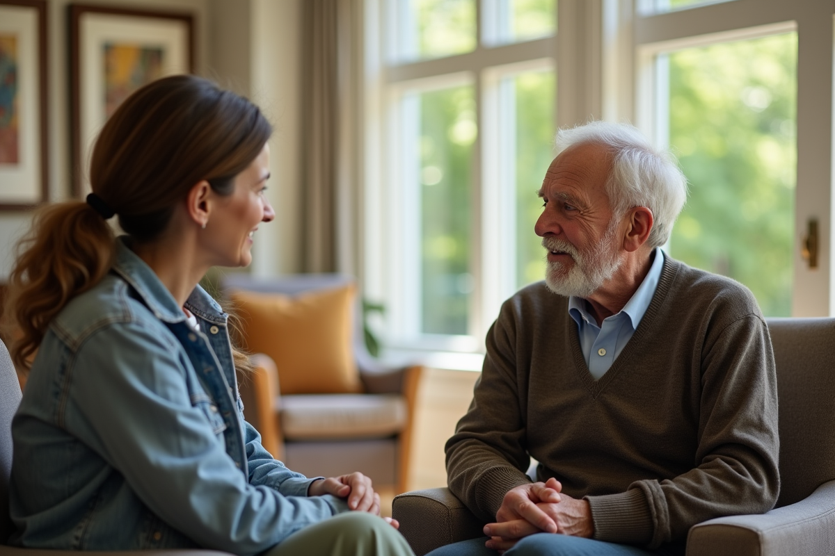 Homme âgé en discussion avec une assistante sociale dans un centre communautaire