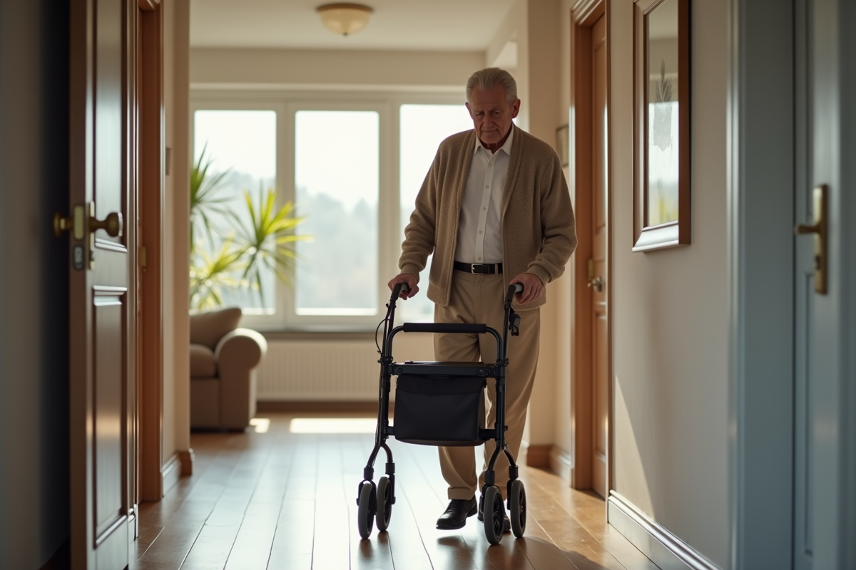 Homme âgé marchant avec un rollator dans un couloir intérieur