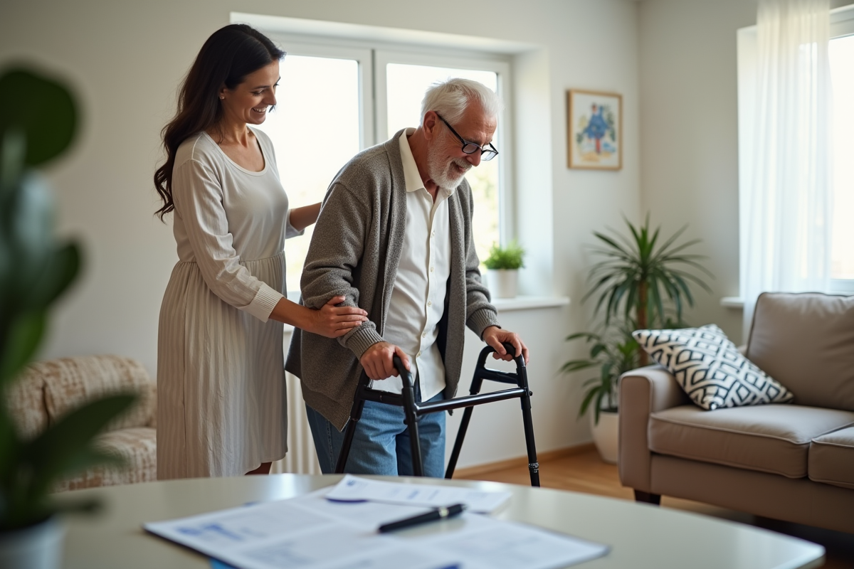 Homme age utilisant un déambulateur avec un proche dans le salon