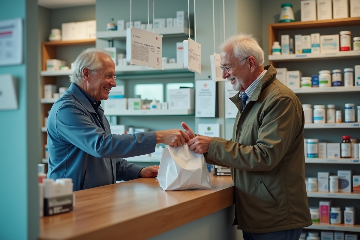 Homme âgé recevant sa prescription dans une pharmacie moderne