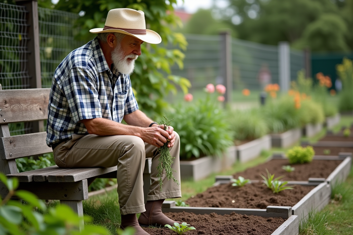 Homme âgé avec chapeau dans un jardin communautaire