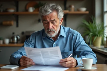 Homme d'âge moyen étudie des documents financiers à la maison