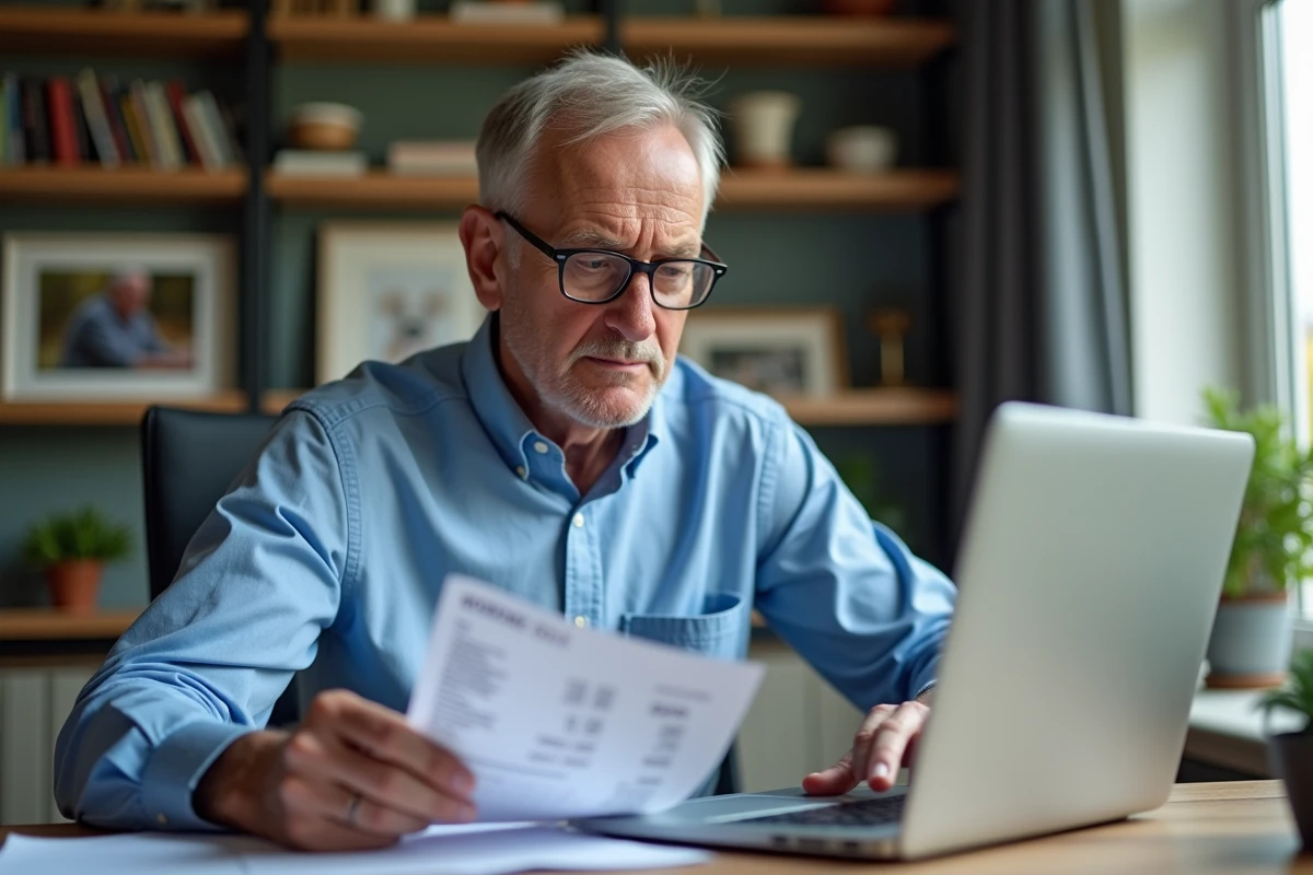 Homme analyse ses relevés de pension dans son bureau à domicile