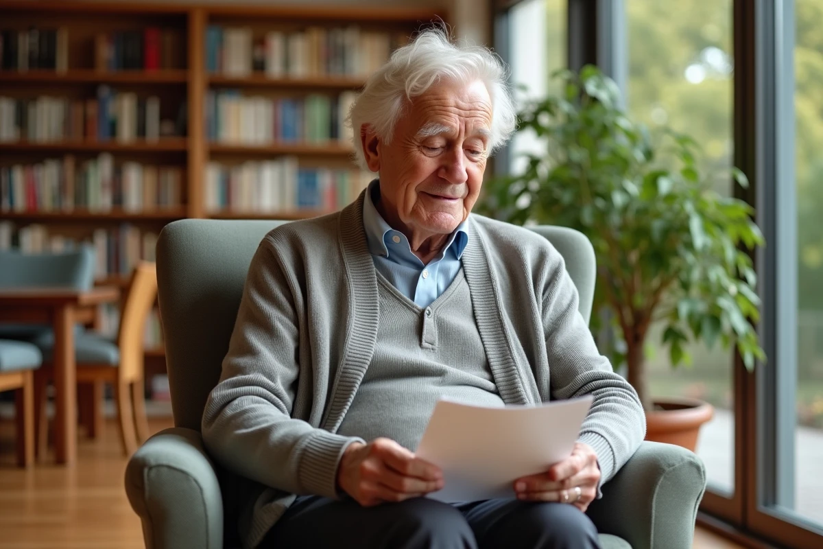 Homme âgé lisant une lettre dans une salle commune chaleureuse