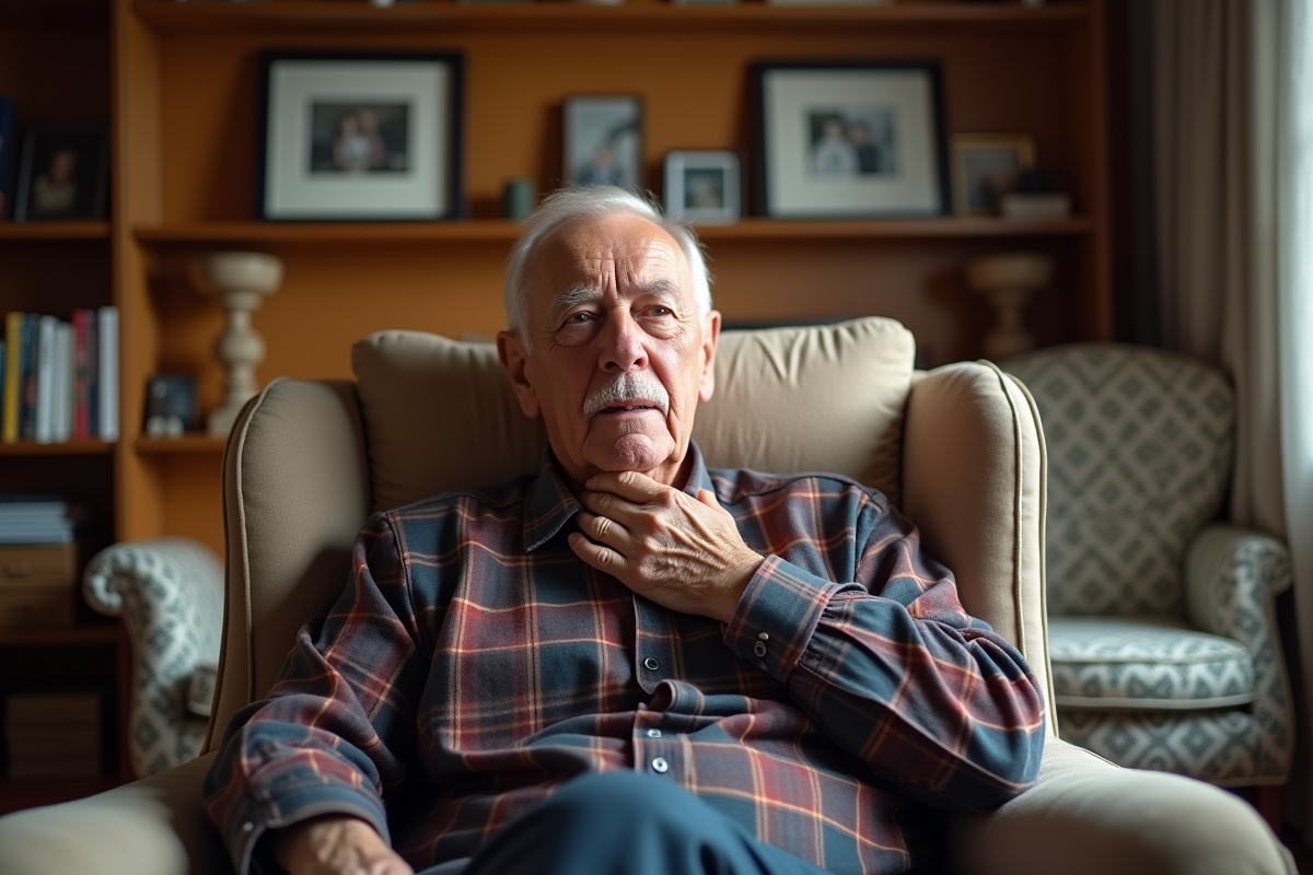 Homme âgé se tenant la gorge dans un salon chaleureux