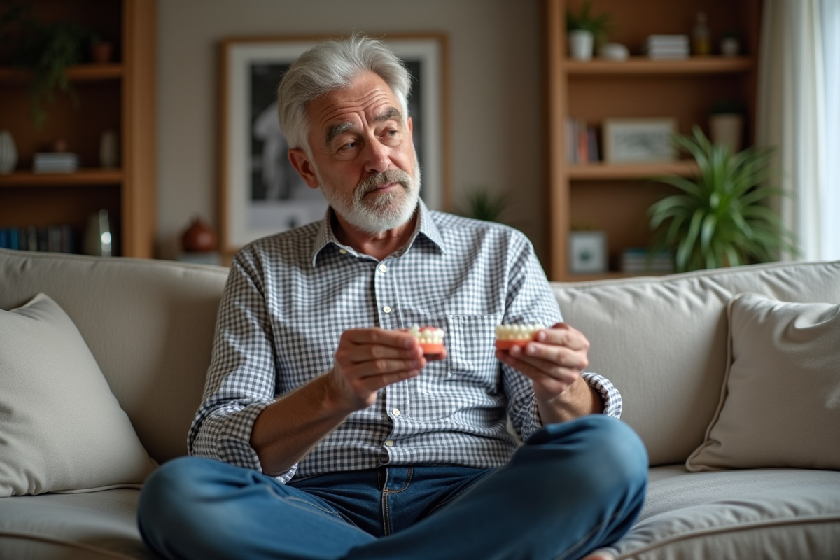 Homme d age examinant ses nouvelles dents dans un salon