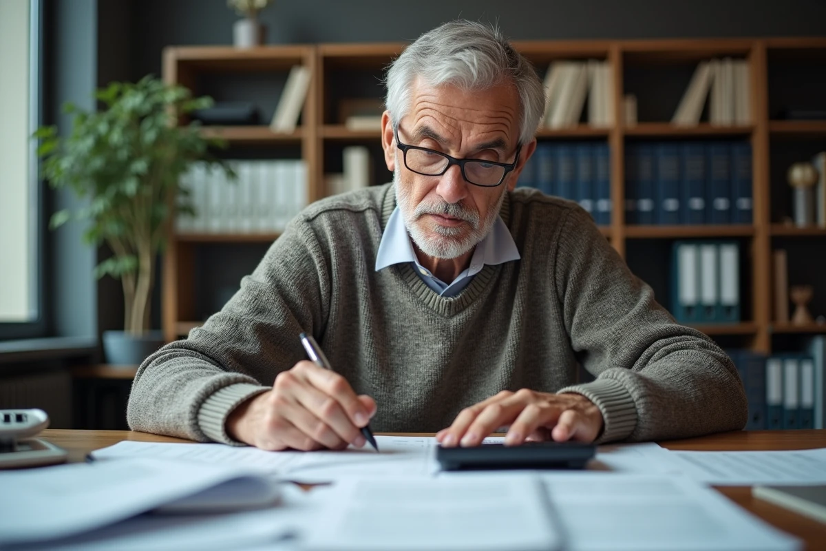 Homme français vérifie sa pension avec calculatrice et documents