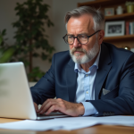 Retraite : Comment épargner efficacement pour l’avenir ? Homme d'âge moyen en costume bleu dans un bureau à domicile