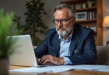 Retraite : Comment épargner efficacement pour l’avenir ? Homme d'âge moyen en costume bleu dans un bureau à domicile