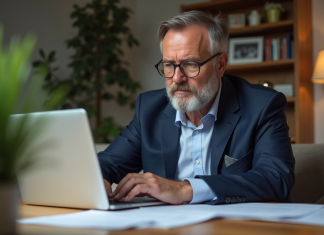 Retraite : Comment épargner efficacement pour l’avenir ? Homme d'âge moyen en costume bleu dans un bureau à domicile