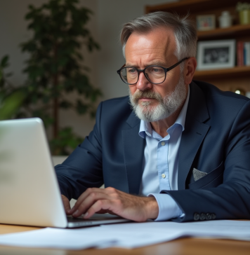 Homme d'âge moyen en costume bleu dans un bureau à domicile