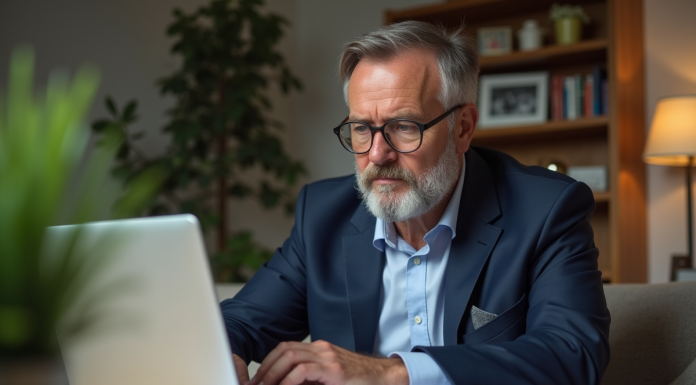 Retraite : Comment épargner efficacement pour l’avenir ? Homme d'âge moyen en costume bleu dans un bureau à domicile