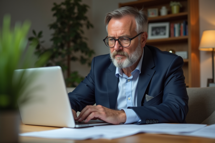 homme-retraite-bureau-maison Homme d'âge moyen en costume bleu dans un bureau à domicile