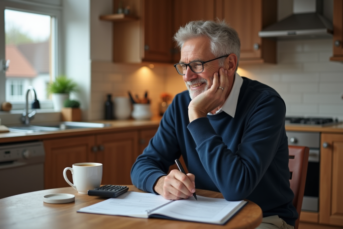 homme-retraite-papiers-pension Homme d'âge moyen souriant vérifiant ses documents de pension