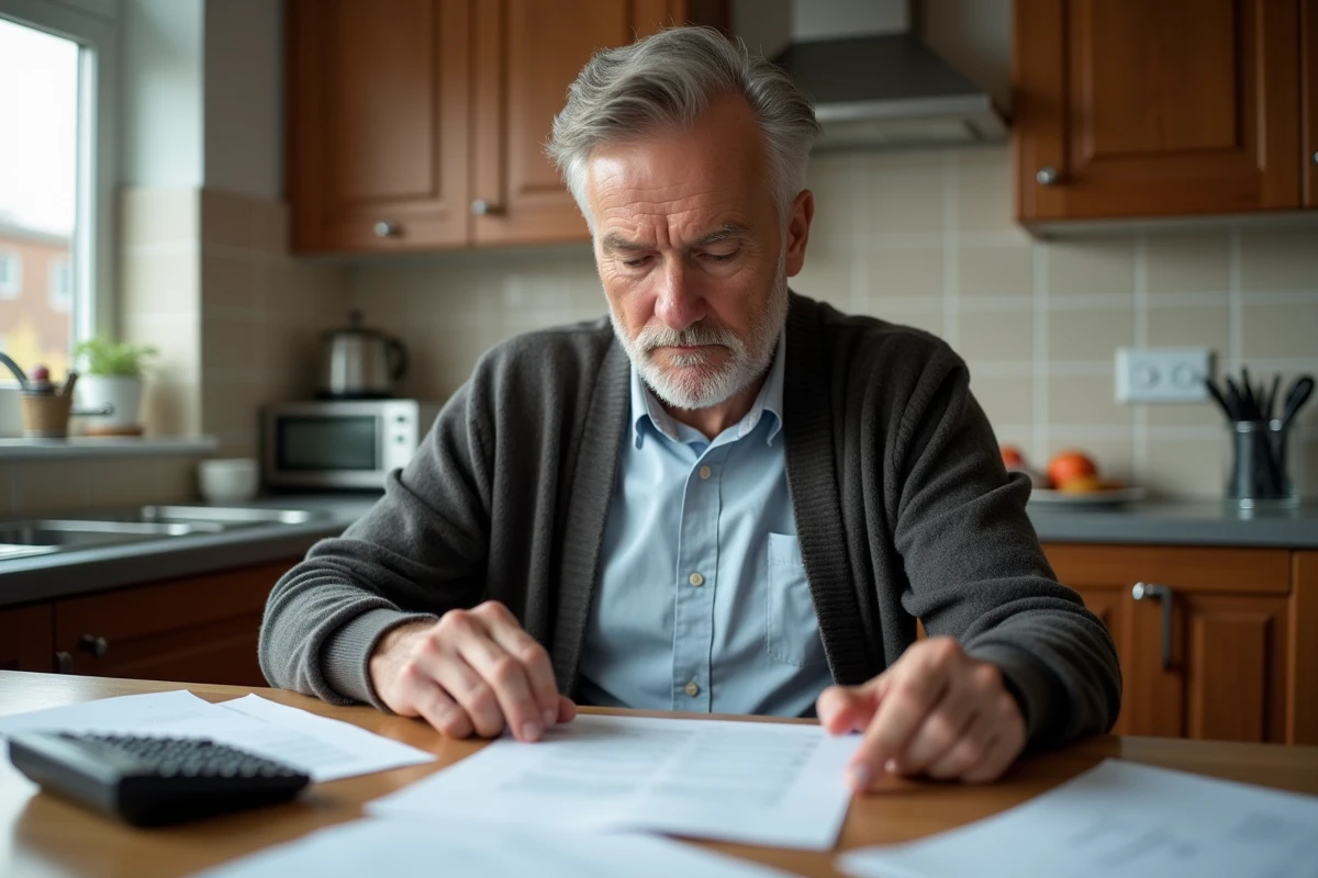 Homme d'âge moyen contemplant ses papiers de pension dans la cuisine