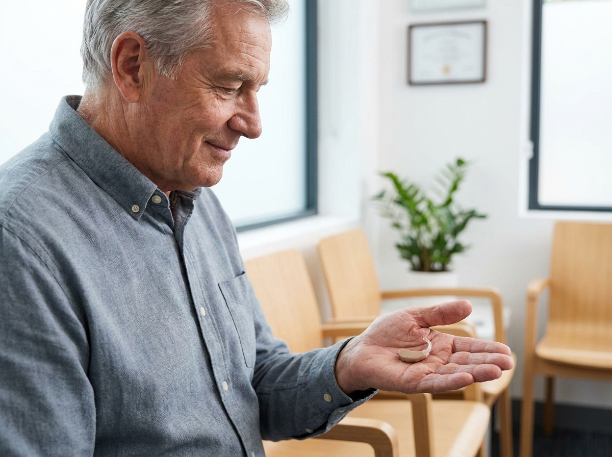 Homme senior tenant une aide auditive dans une clinique moderne, symbolisant la prise en charge de l'audition pour préserver son autonomie après 60 ans