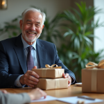 Dix présents mémorables pour un départ à la retraite Homme senior souriant ouvrant un cadeau dans un bureau moderne