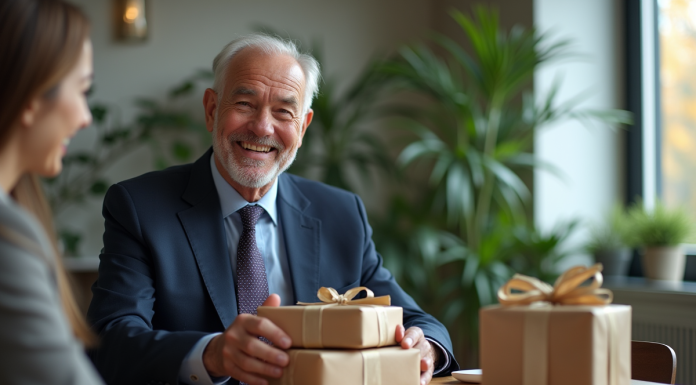 Dix présents mémorables pour un départ à la retraite Homme senior souriant ouvrant un cadeau dans un bureau moderne