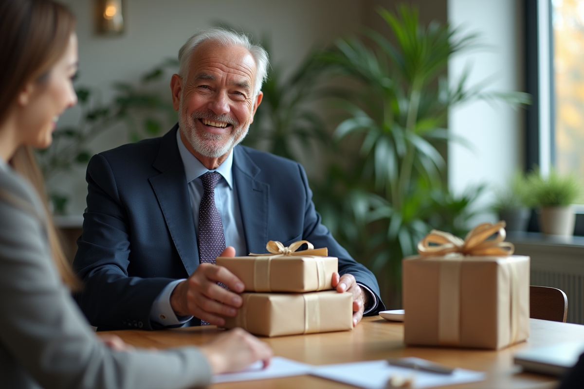 Homme senior souriant ouvrant un cadeau dans un bureau moderne