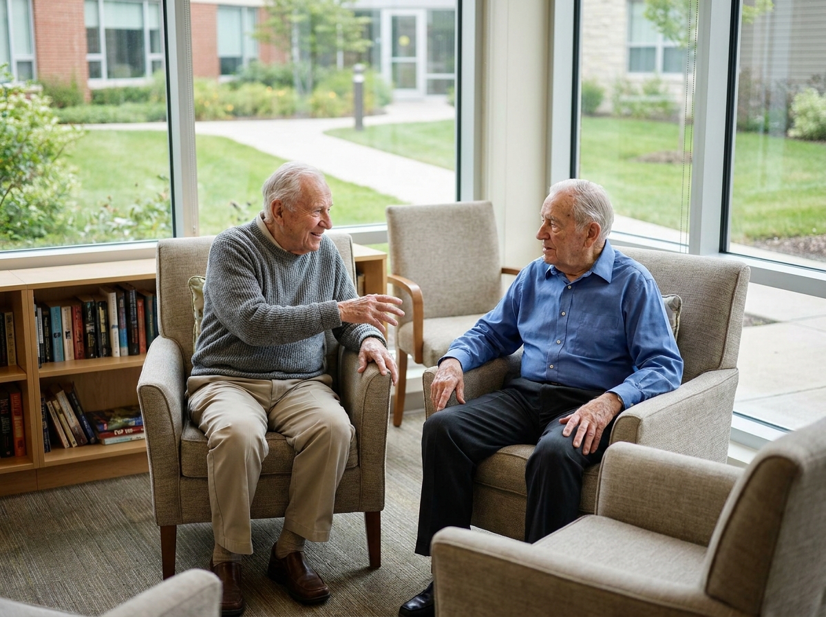 Homme senior discutant dans un salon moderne