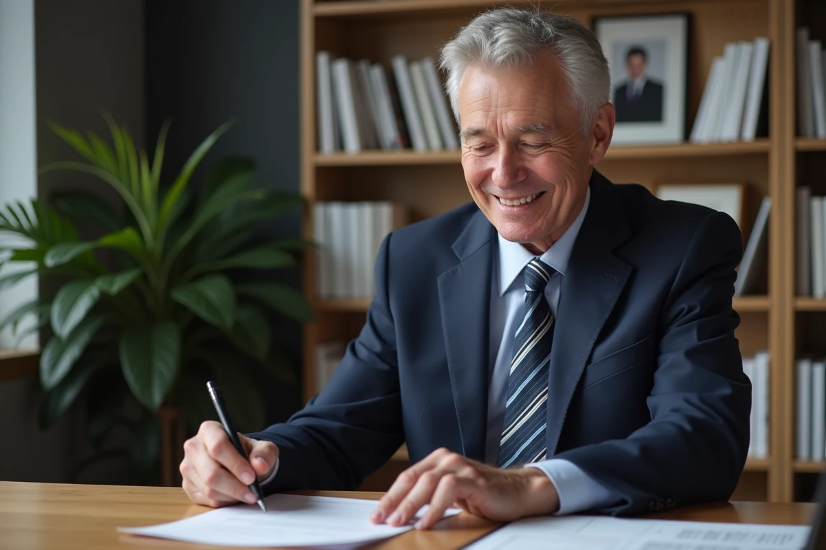 Homme senior souriant signant un document dans un bureau
