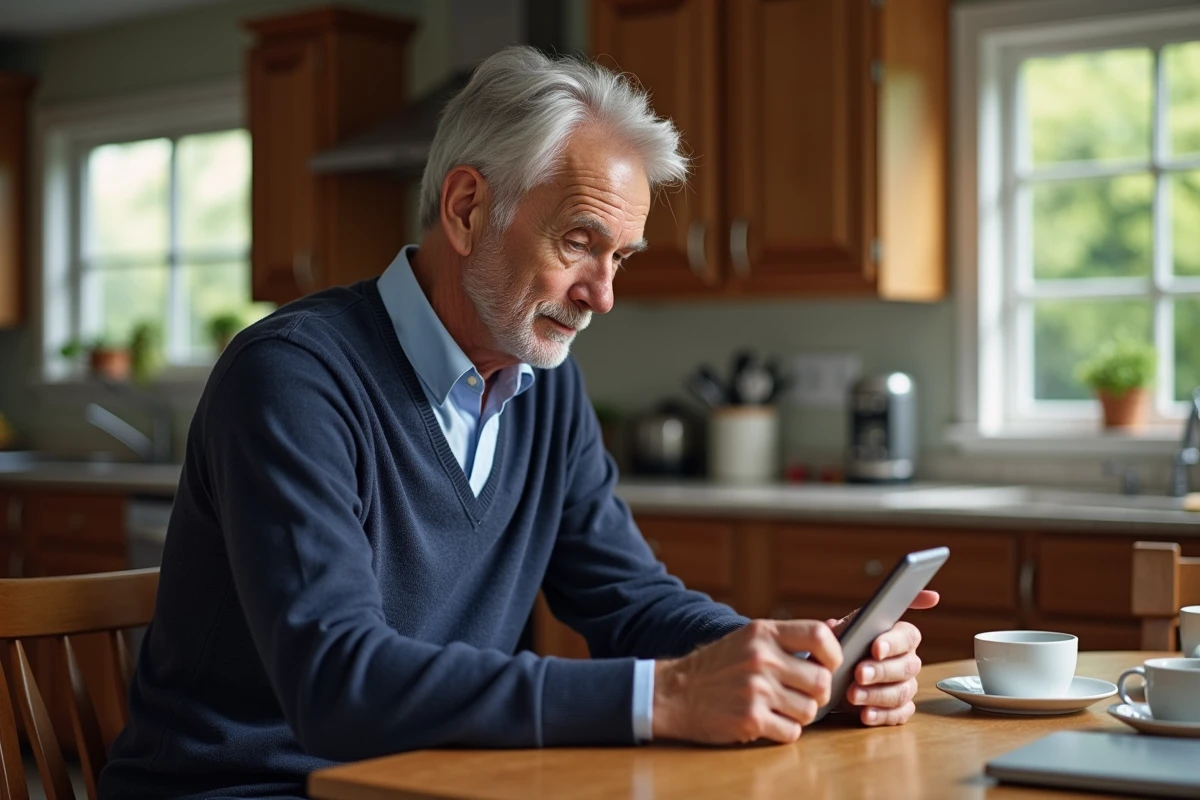 Homme senior examinant un téléphone dans la cuisine chaleureuse