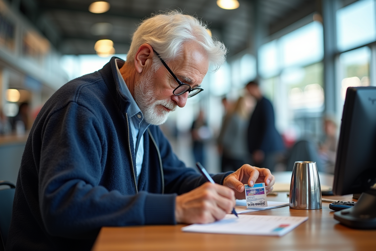 Homme senior remplissant des papiers dans un bureau de train moderne