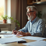 Homme d'âge moyen souriant en fauteuil au bureau moderne