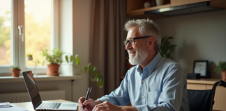 Homme d'âge moyen souriant en fauteuil au bureau moderne