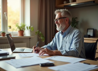 Homme d'âge moyen souriant en fauteuil au bureau moderne