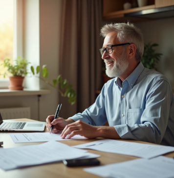 Homme d'âge moyen souriant en fauteuil au bureau moderne