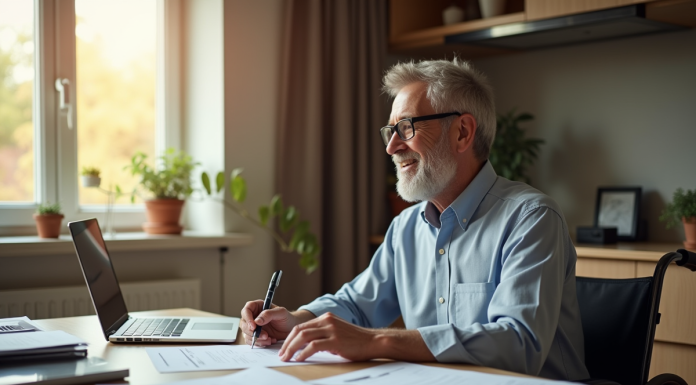 Homme d'âge moyen souriant en fauteuil au bureau moderne