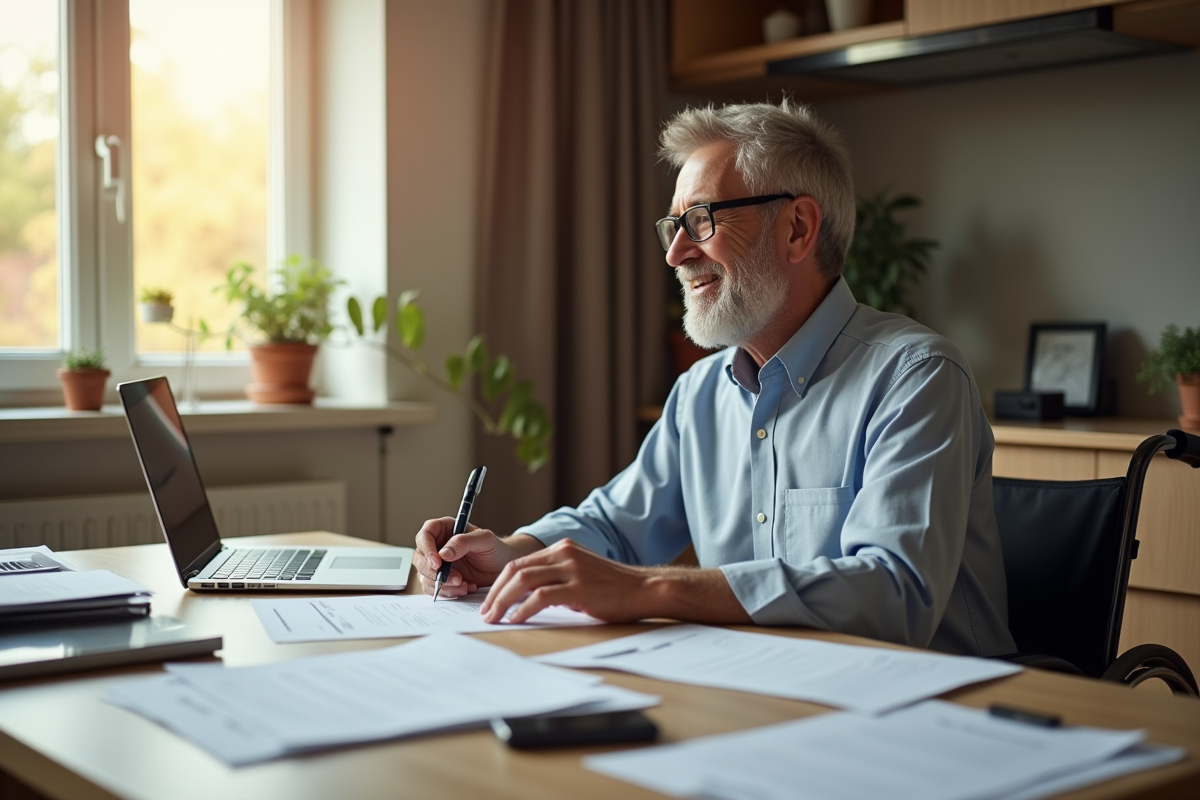Homme d'âge moyen souriant en fauteuil au bureau moderne