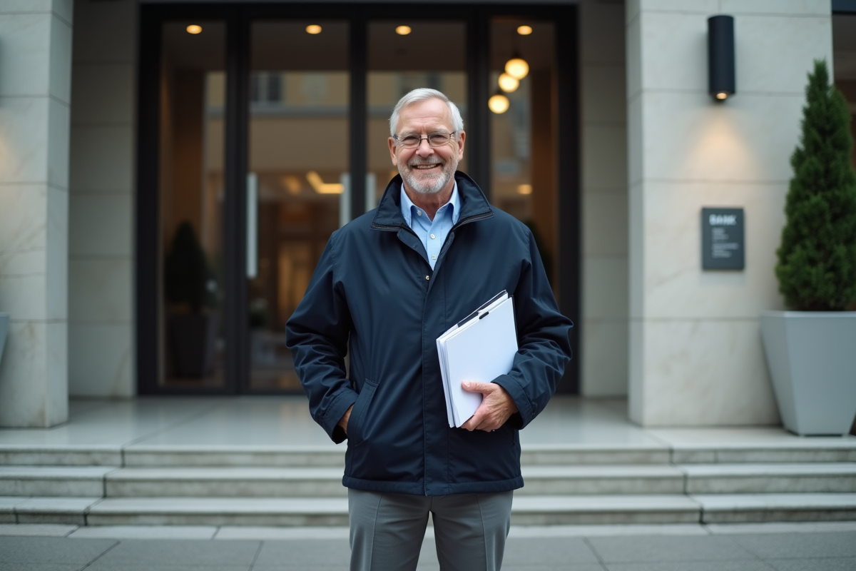Homme souriant devant une entrée de banque moderne