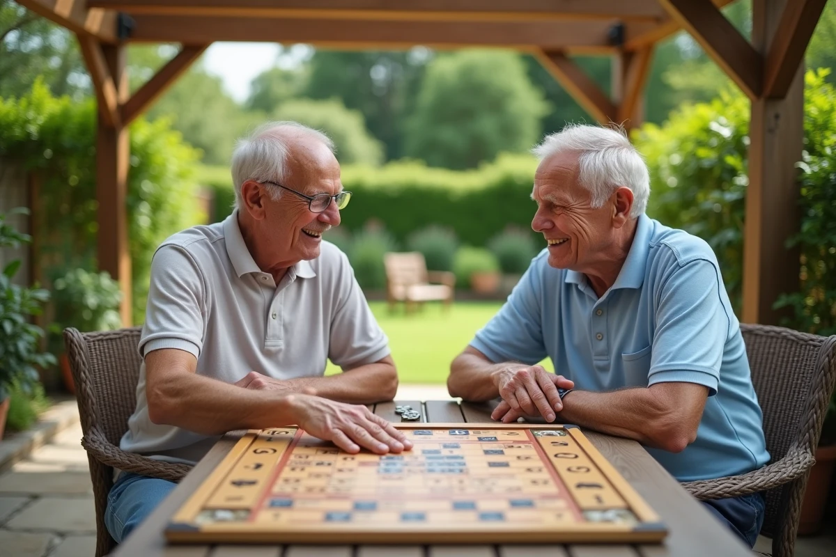Deux hommes seniors jouant à un jeu de société adapté en plein air sous une pergola dans un jardin