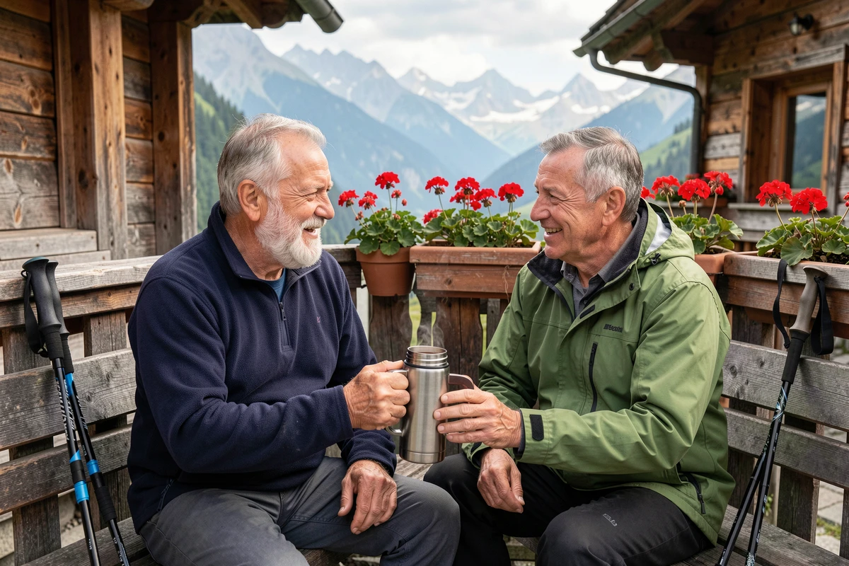 Deux hommes seniors célibataires en pause café sur la terrasse d'un refuge de montagne pendant une randonnée, ambiance conviviale et naturelle
