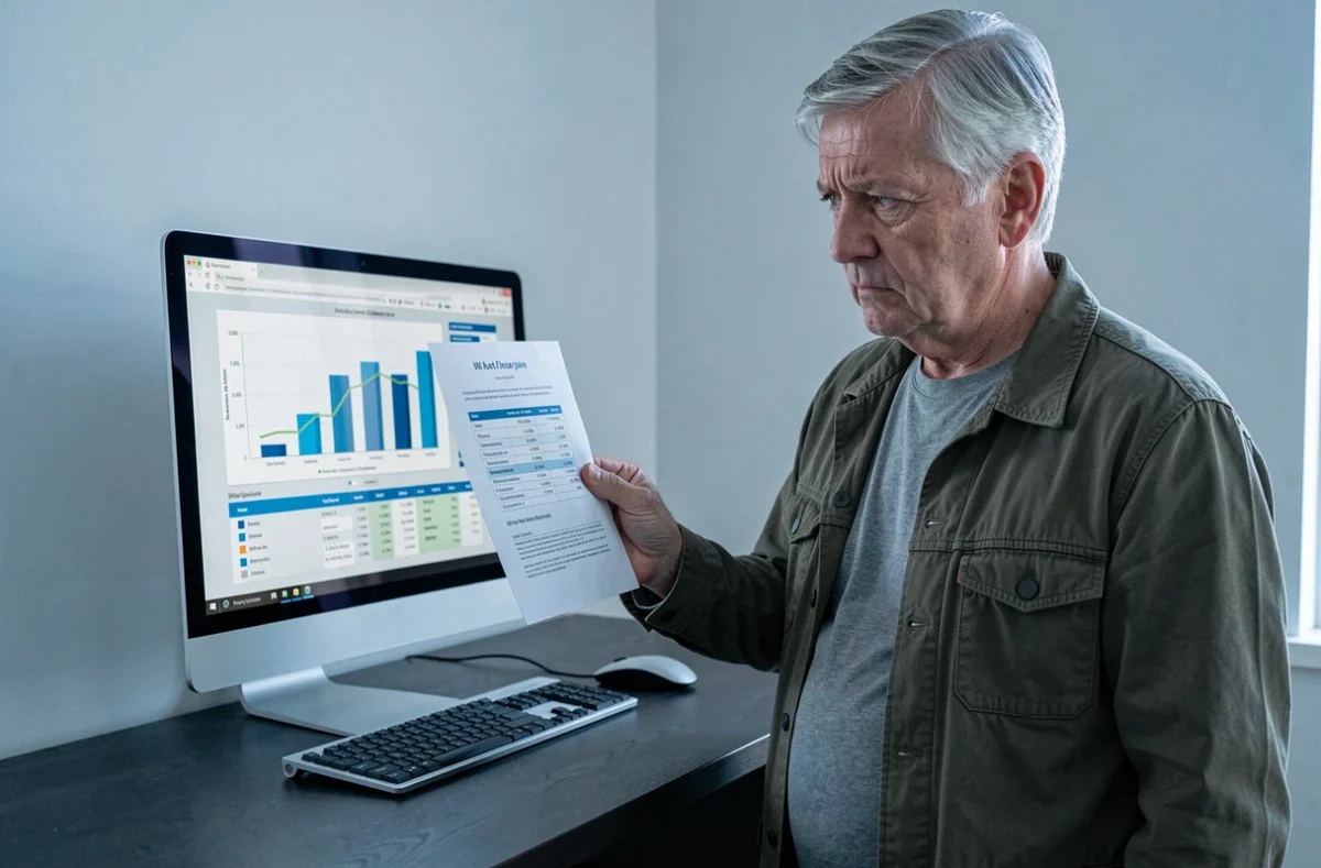 Homme senior comparant des calculs d'allocations chômage sur écran et sur papier, symbolisant l'impact de la réforme d'avril 2025 sur le mode de calcul des indemnités