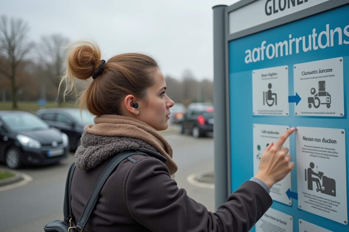 Jeune femme avec aide auditive consulte panneau d