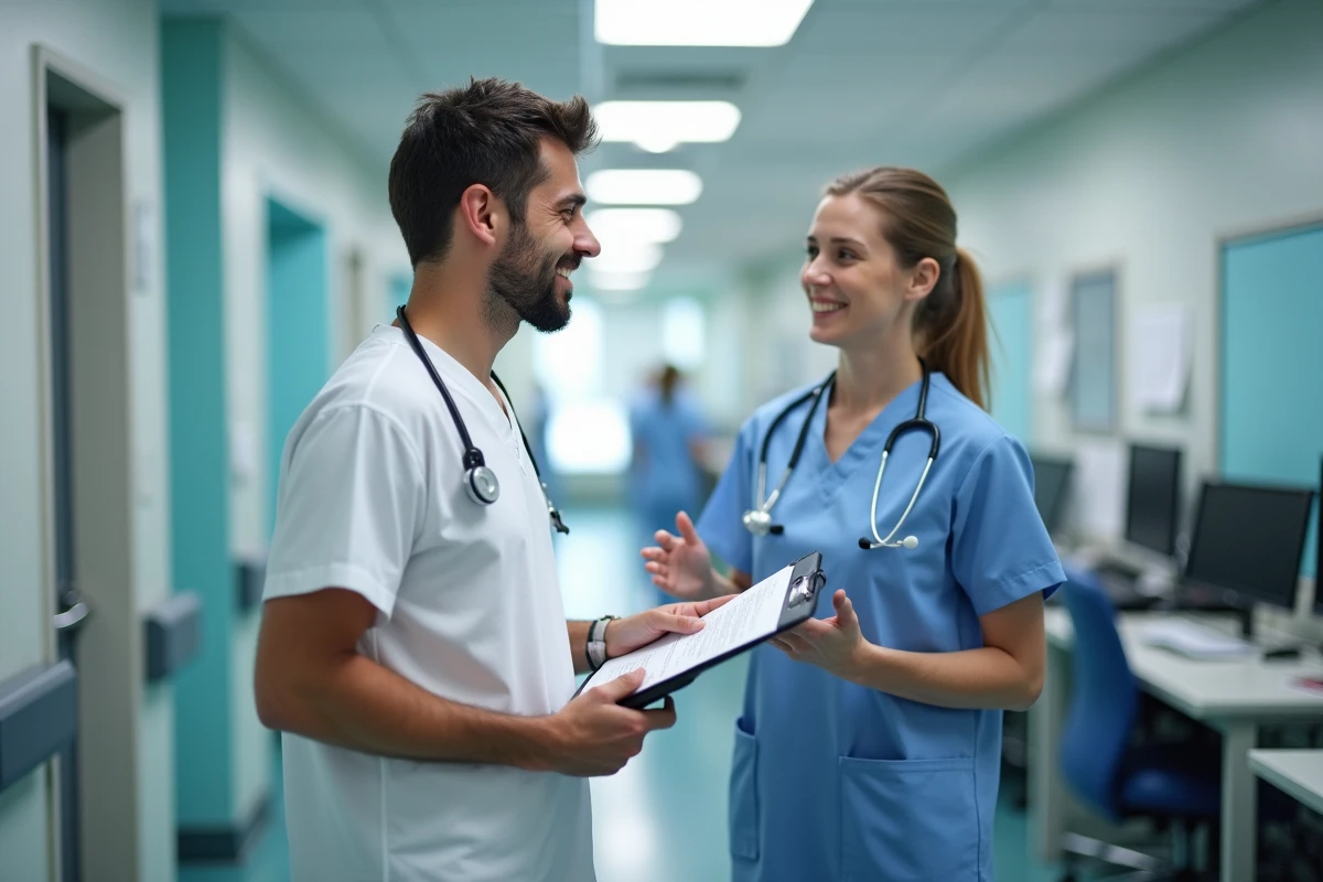 Intervenant hospitalier en uniforme blanc échangeant avec une infirmière