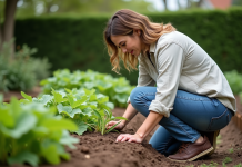 Femme en jeans et chemise dans un jardin en train de désherber