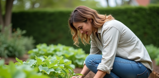 Femme en jeans et chemise dans un jardin en train de désherber
