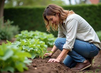 Femme en jeans et chemise dans un jardin en train de désherber