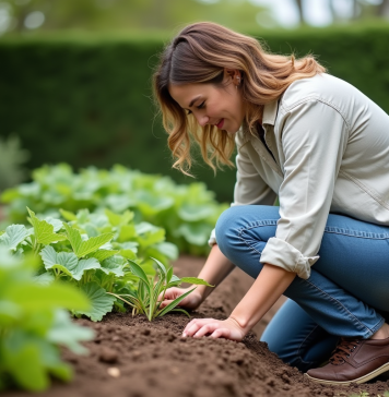 Désherber : un exercice bénéfique pour la santé et le jardin Femme en jeans et chemise dans un jardin en train de désherber